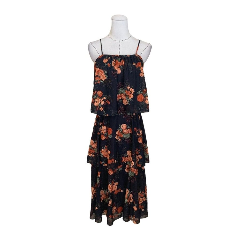 Vintage 70s 80s Floral Tiered Flowy Dress Polyester Groovy Boho Disco